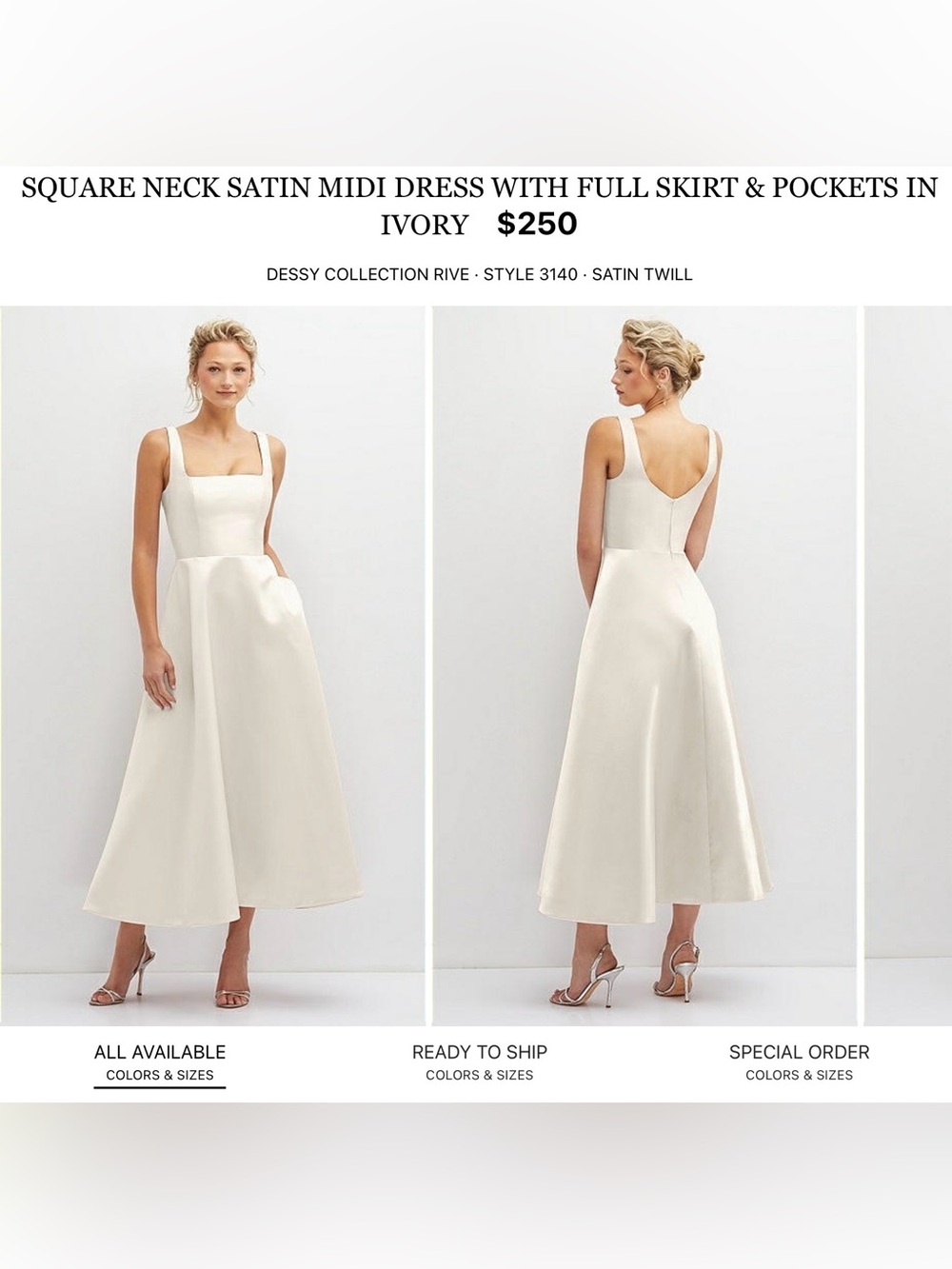 Dessy Collection Satin Ivory Square-Neck Midi Dress